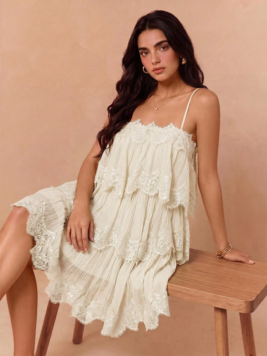 CM-DS559153 Women Elegant Seoul Style Lace Patchwork Pleated Spaghetti Strap Dress - Apricot