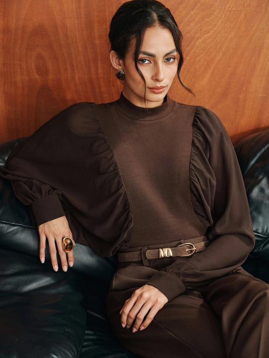 CM-TS230775 Women Elegant Seoul Style Stand Collar Batwing Long Sleeve Knit Chiffon Patchwork Top - Coffee Brown