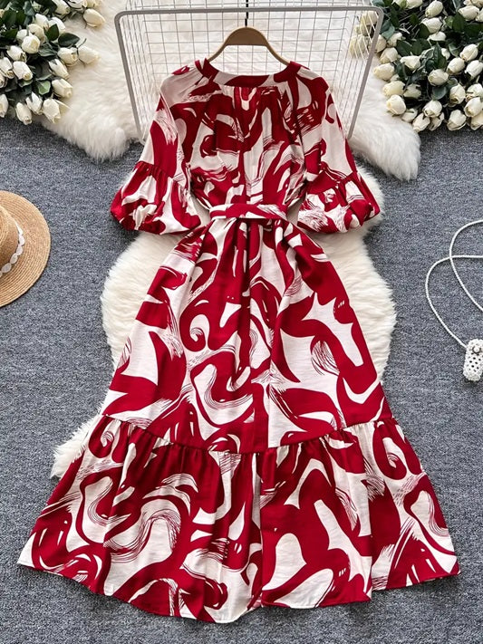 CM-DT513103 Women Elegant Seoul Style Abstract Print V-Neck Lantern SleevesTie-Waist A-Line Midi Dress - Red