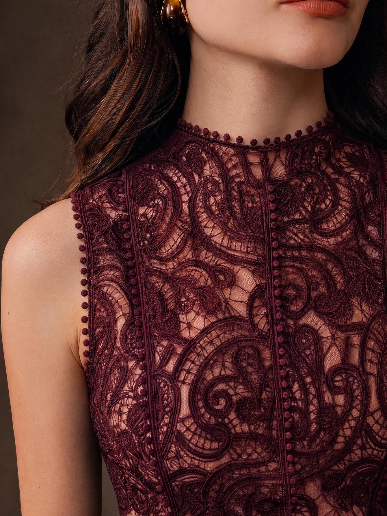 CM-TS786037 Women Elegant Seoul Style Stand Collar Sleeveless Lace Hollow Patchwork Ruffle Waist Cinched Tank Top - Burgundy