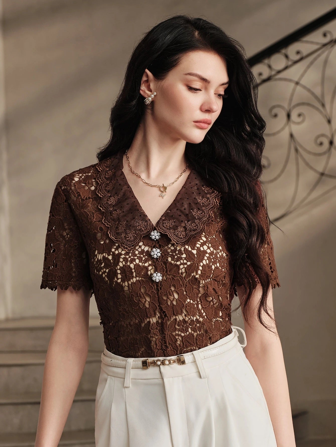 CM-TS966908 Women Elegant Seoul Style Hollow Lace Fabric Embroidery V-Neckline Short Sleeve Top - Coffee Brown