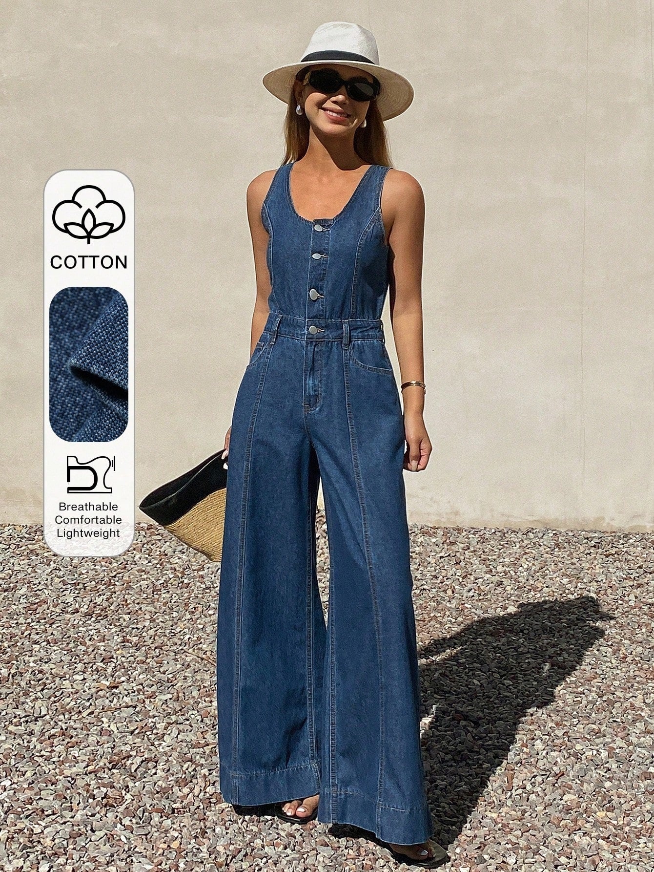 CM-JS194919 Women Elegant Seoul Style Medium Wash Sleeveless Adjustable Strap Loose Straight Leg Denim Jumpsuit