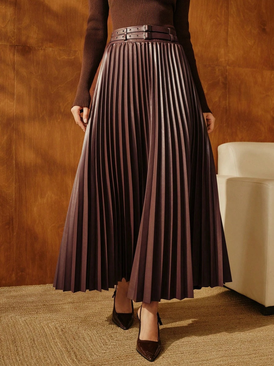 CM-BS595392 Women Elegant Seoul Style High Waist Pleated Belted Mid-Length A-Line Skirt - Coffee Brown