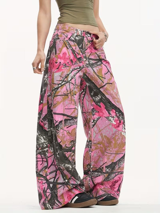 CM-BT141791 Women Casual Seoul Style Mid Waist Graffiti Maple Leaf Print Loose Wide Leg Jeans