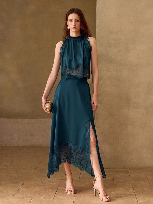 CM-SS361147 Women Elegant Seoul Style Lace Patchwork Cloak Sleeve Tank Top With Maxi Skirt - Set