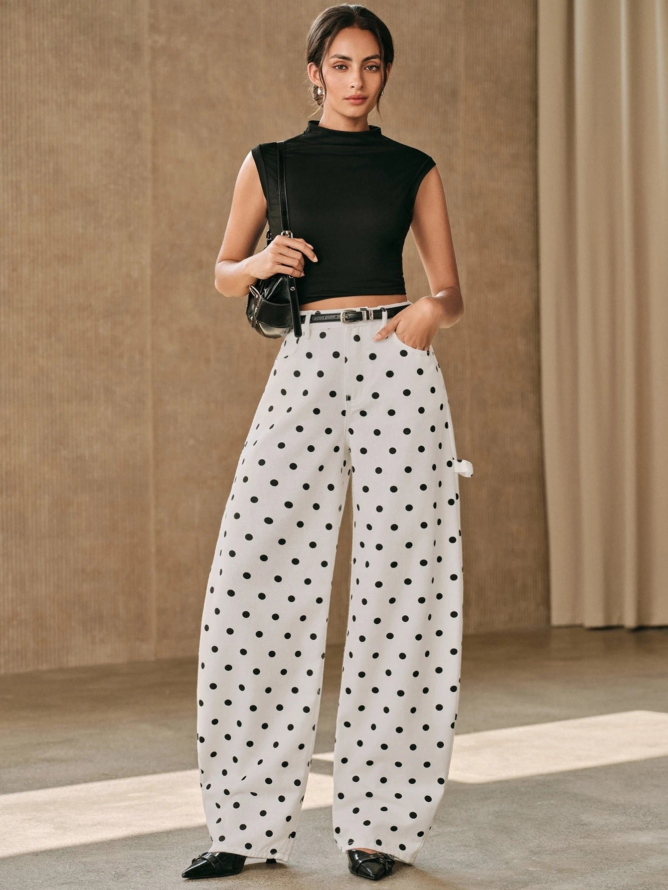 CM-BS387235 Women Casual Seoul Style Mid Waist All Over Print Polka Dot Curved Wide Leg Jeans - White