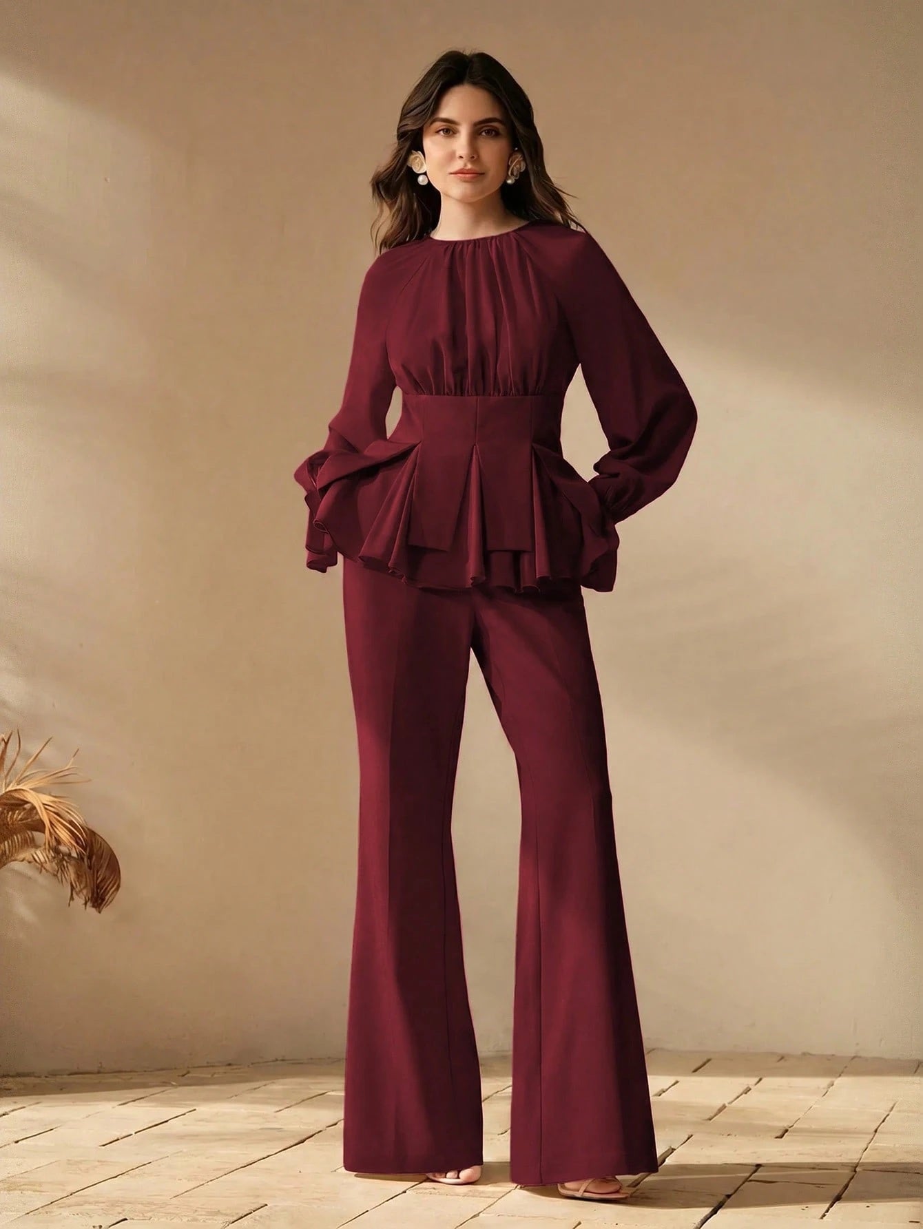 CM-SS795385 Women Elegant Seoul Style Round Neck Long Sleeve Chiffon Patchwork Blouse With Flared Leg Pants - Set