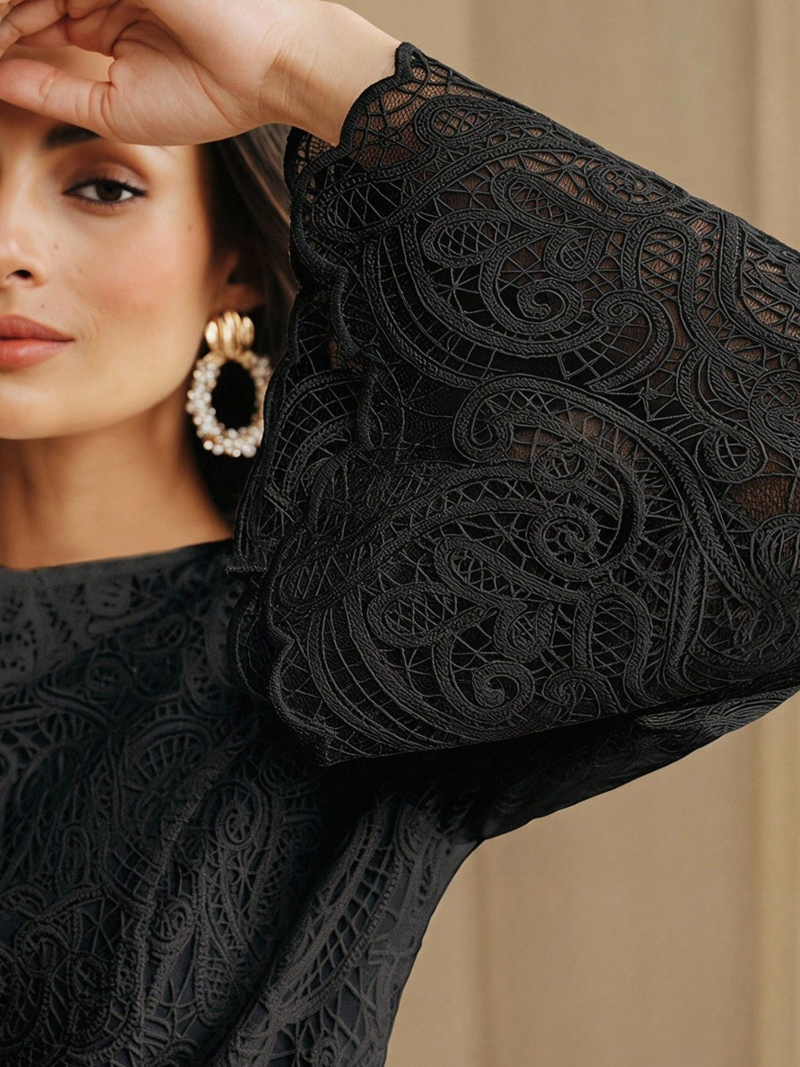 CM-TS175417 Women Elegant Seoul Style Round Neck Lace Bell Extra Long Sleeve Top - Black
