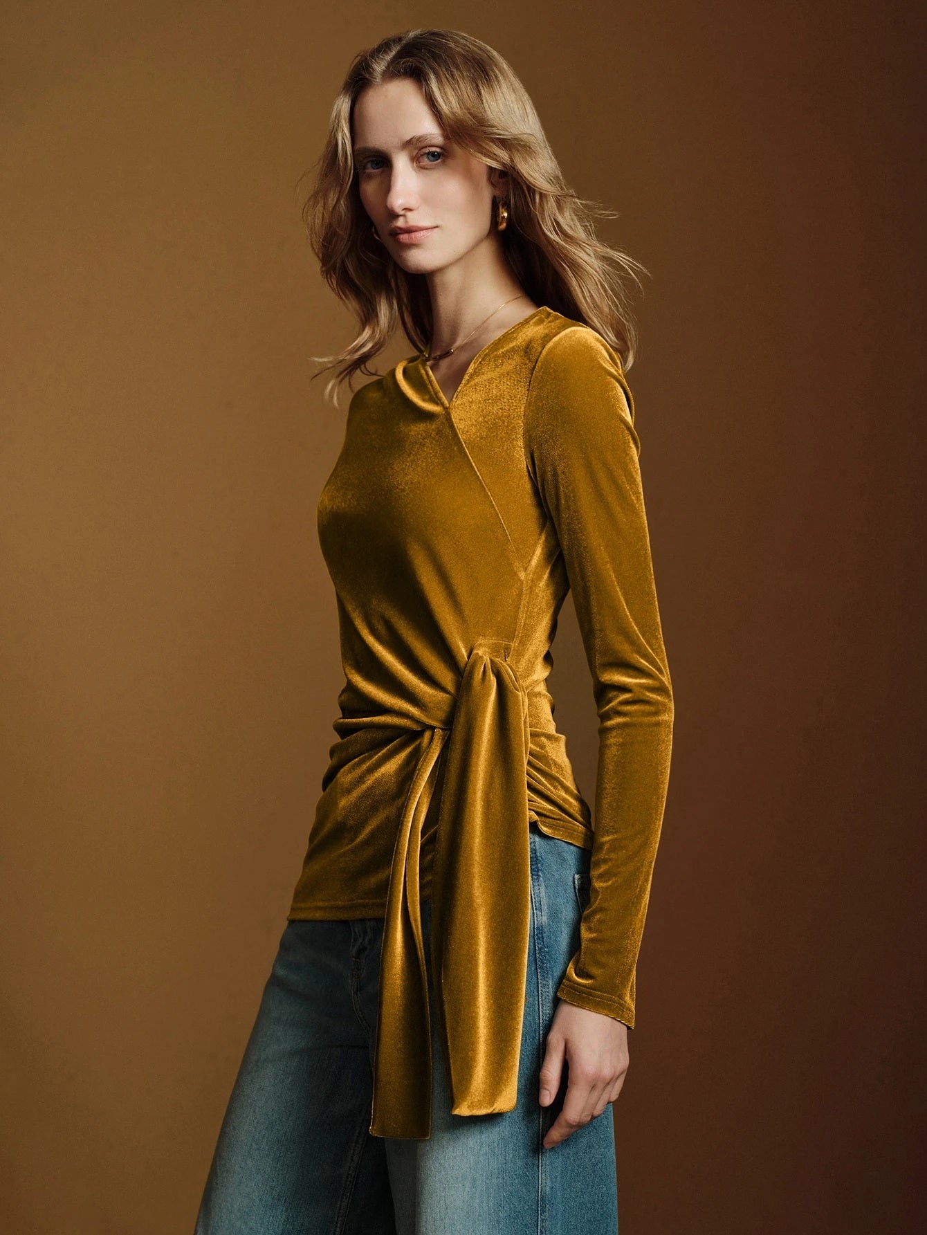 CM-TS240239 Women Casual Seoul Style Asymmetrical V-Neck Long Sleeve Twisted Tie Velvet Blouse - Yellow