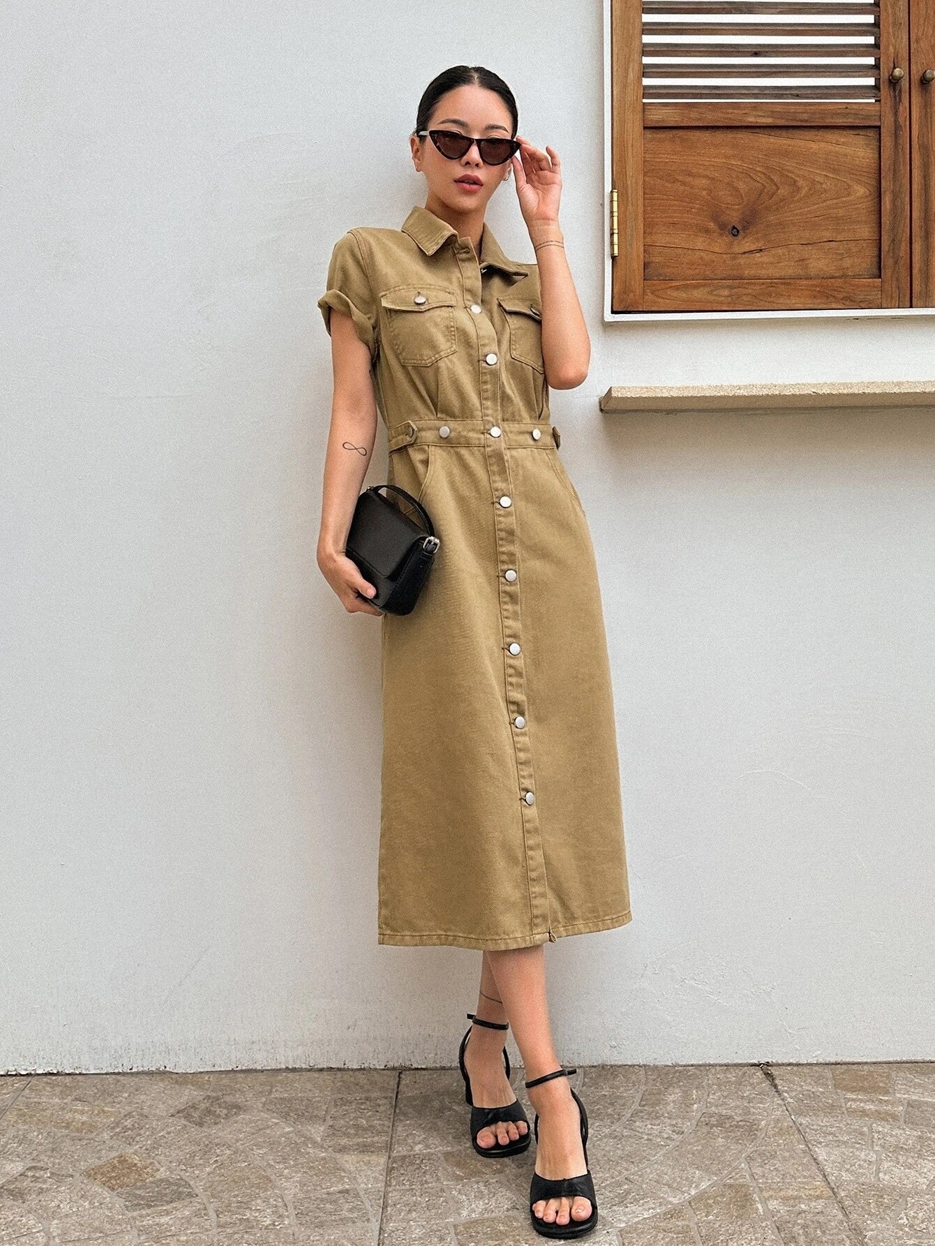 CM-DS708887 Women Preppy Seoul Style Flap Pocket Button Front Shirt Denim Dress