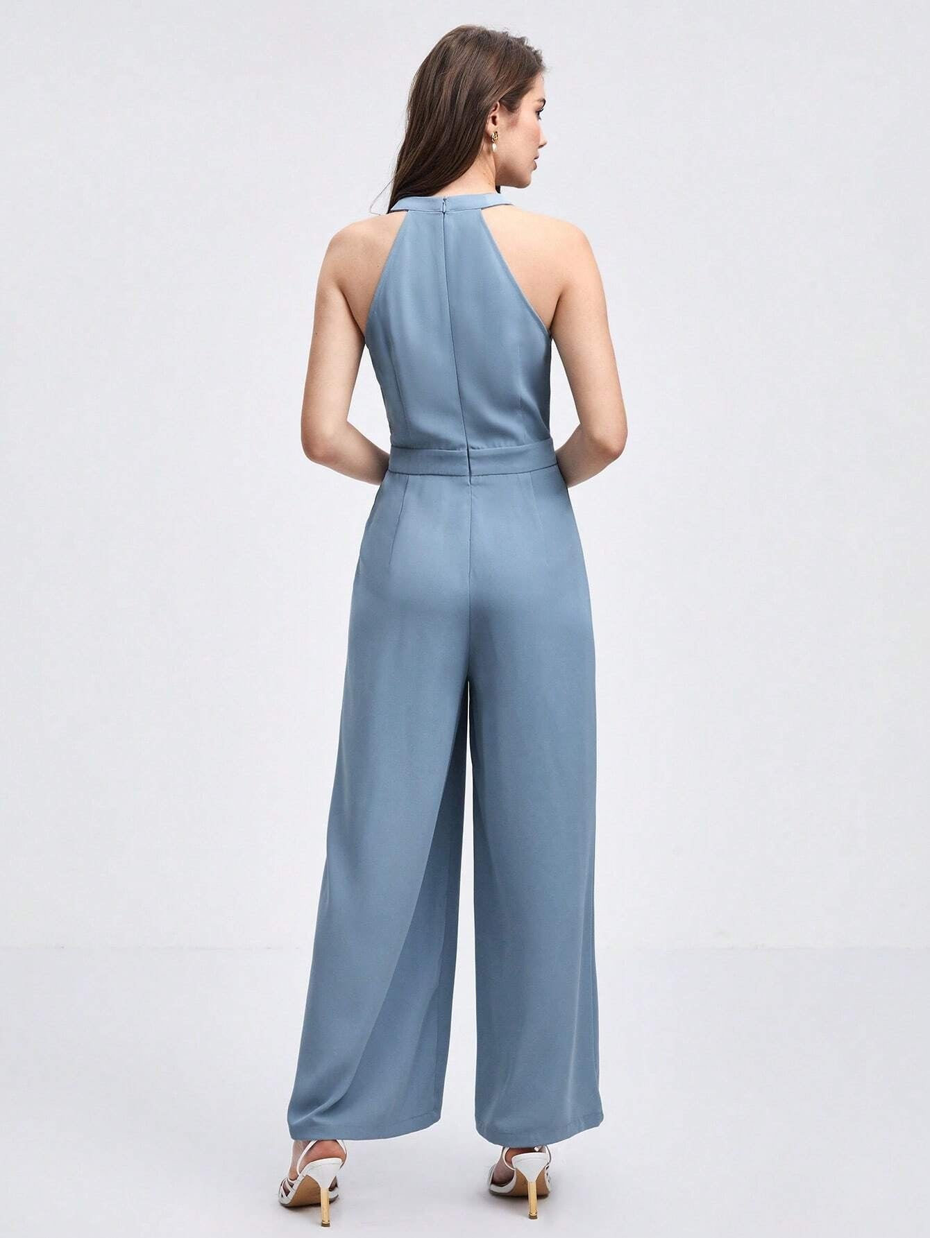 CM-JS581906 Women Elegant Seoul Styel Double Breasted Wide Leg Jumpsuit - Dusty Blue