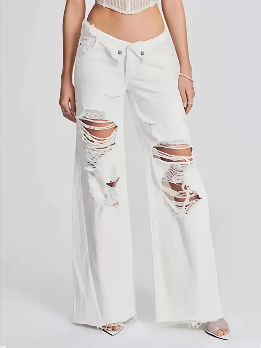CM-BT067668 Women Casual Seoul Style Mid Waist Distressed Waistband Ripped Jeans - Beige