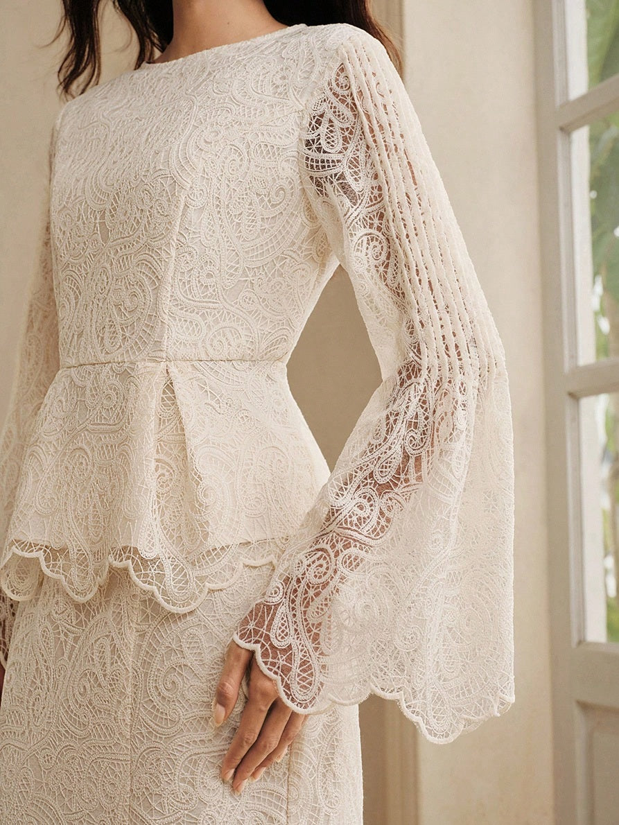 CM-TS165809 Women Elegant Seoul Style Round Neck Lace Bell Extra Long Sleeve Top - Apricot