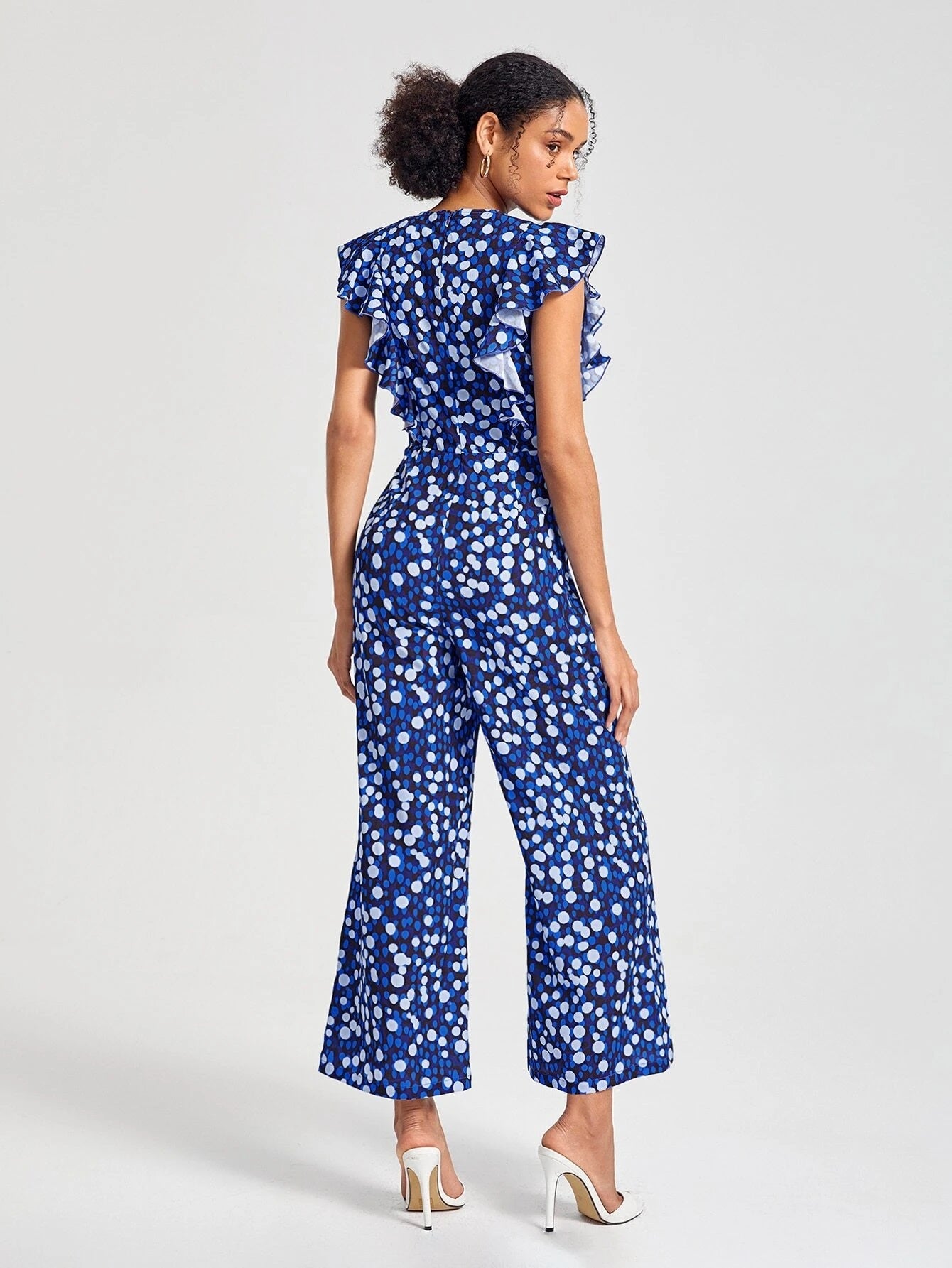 CM-JS040339 Women Casual Seoul Style Allover Print Ruffle Trim Wide Leg Jumpsuit