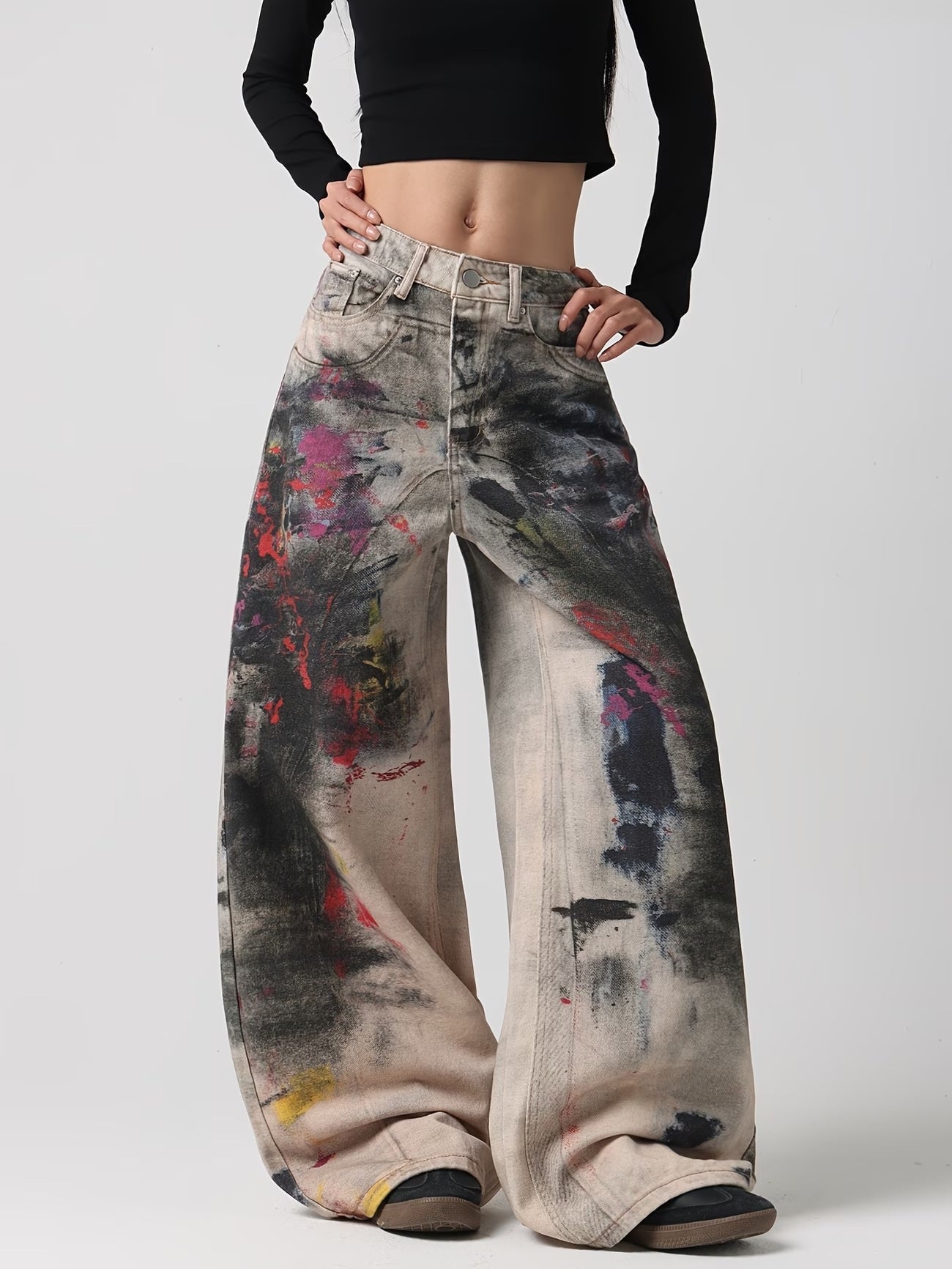 CM-BT057152 Women Casual Seoul Style 2D Graffiti Print Design Wide-Leg Jeans