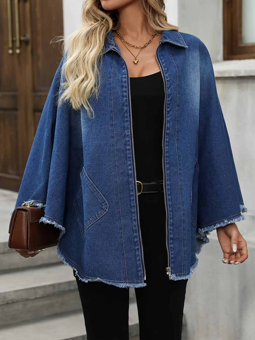 CM-CT158142 Women Casual Seoul Style Collar Neckline Cape Sleeve Loose Denim Jacket - Dark Blue