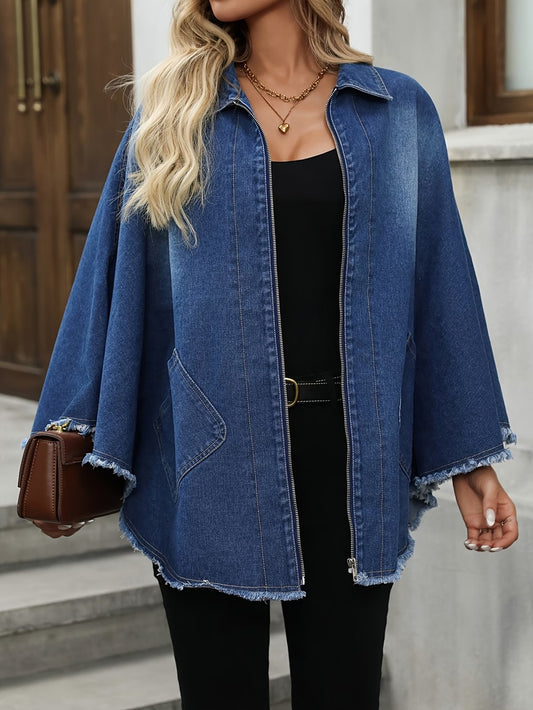 CM-CT158142 Women Casual Seoul Style Collar Neckline Cape Sleeve Loose Denim Jacket - Dark Blue