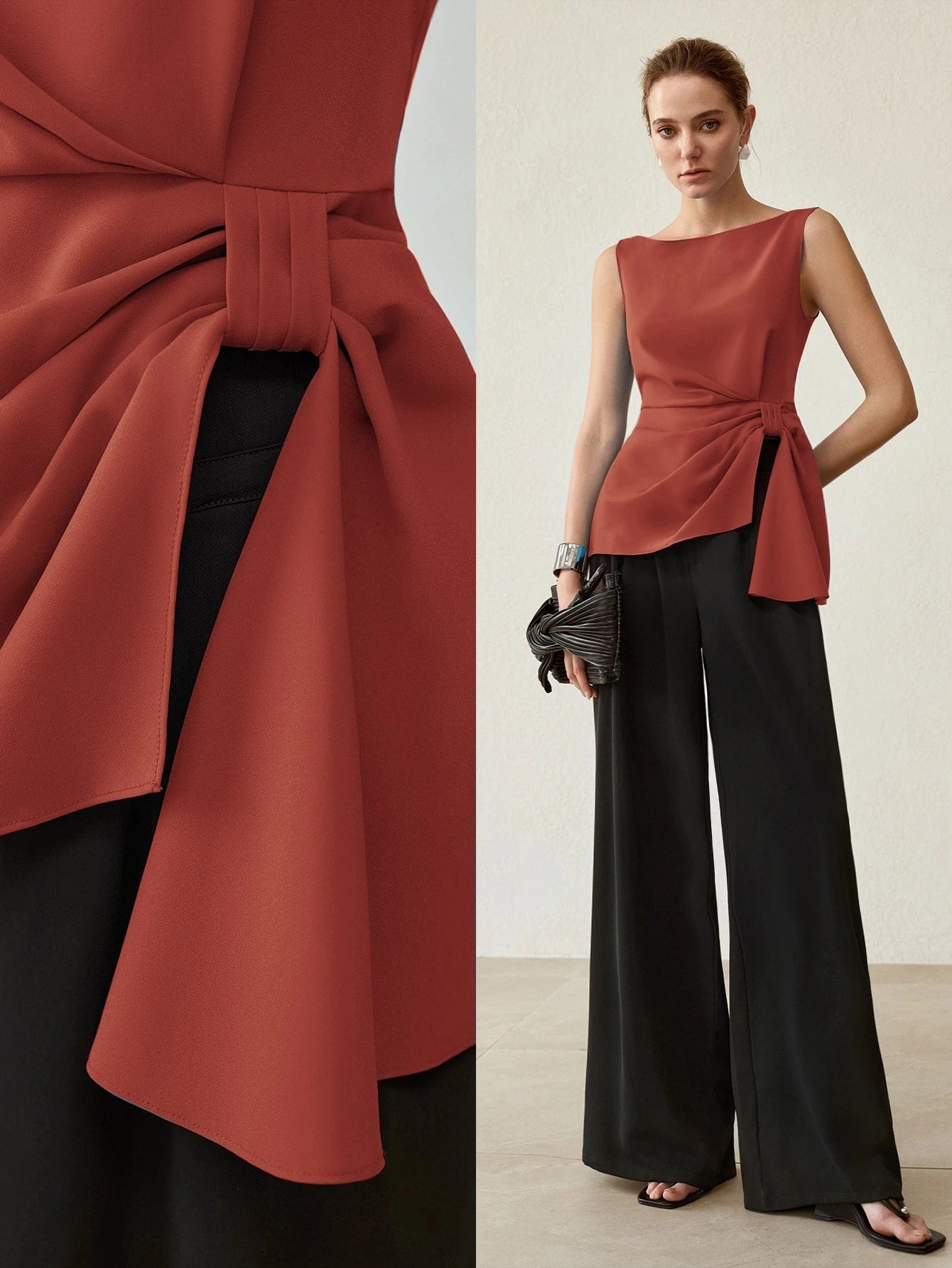 CM-TS246712 Women Elegant Seoul Style Side Knot Boat Neck Sleeveless Blouse - Burnt Orange