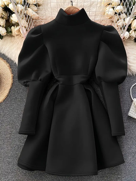 CM-DT523748 Women Elegant Seoul Style Stand-Up Collar Long Sleeve Flared Hem A-Line Short Dress - Black