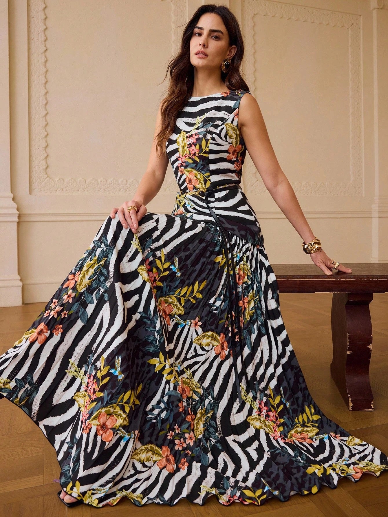 CM-DS902477 Women Elegant Seoul Style Round Neck Sleeveless Floral Print Zebra Stripe Dress