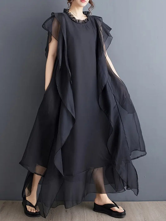 CM-DT040135 Women Elegant Seoul Style Round Neck Double Layer Organza Mesh Sleeveless Ruffle Trim Dress - Black