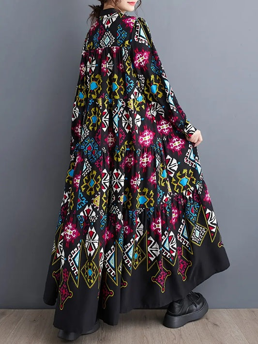 CM-DT103391 Women Casual Seoul Style Geometric Print Stand Collar Long Sleeve A-Line Loose Fit Maxi Dress