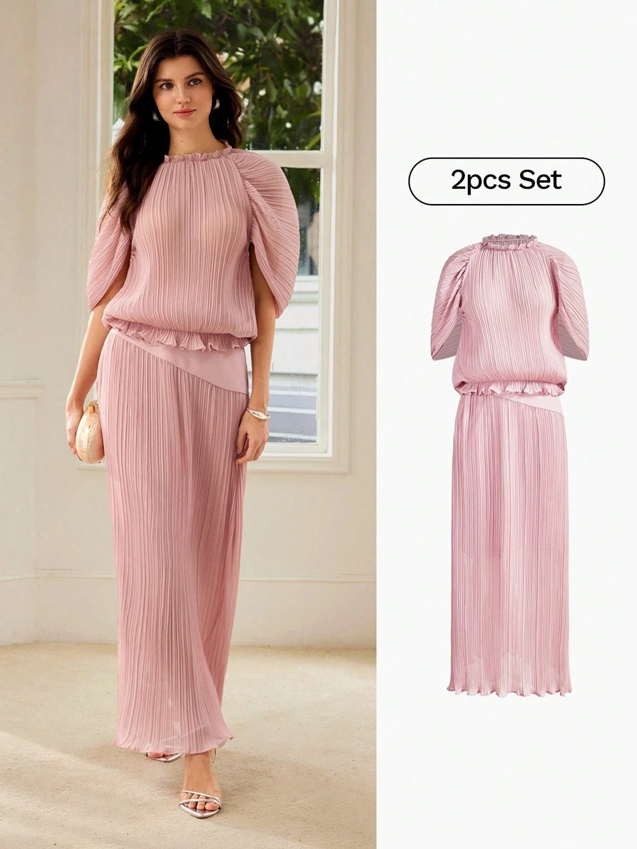 CM-SS017741 Women Elegant Seoul Style Stand Collar Puff Sleeve Pleated Top With Long Skirt - Set