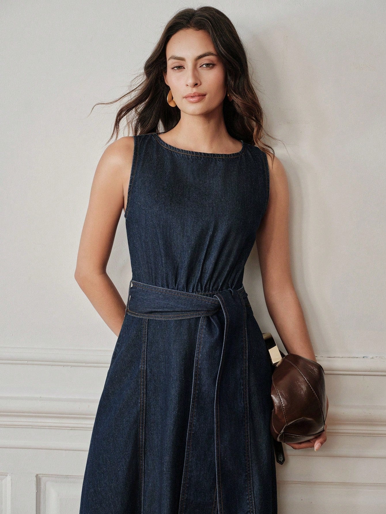 CM-DS406448 Women Elegant Seoul Style Round Neck Sleeveless Belted A-Line Denim Dress - Blue