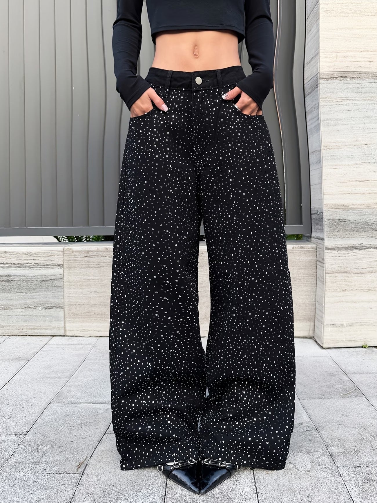 CM-BT984599 Women Elegant Seoul Style Sequined High-Waist Loose Wide Leg Jeans - Black