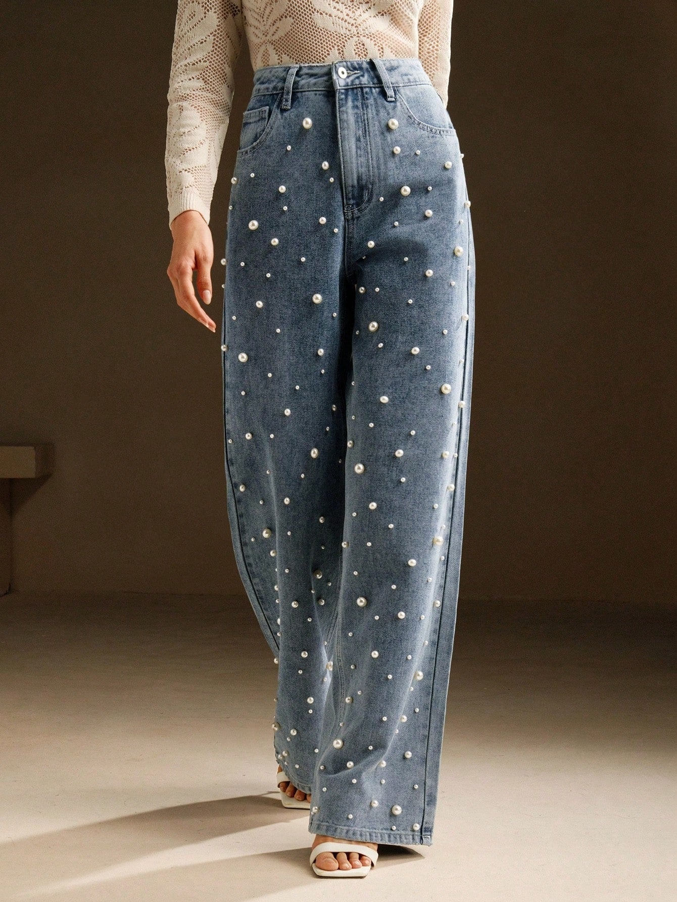 CM-BS767711 Women Elegant Seoul Style High Waist Beaded Loose Wide Leg Shiny Denim Pants - Blue