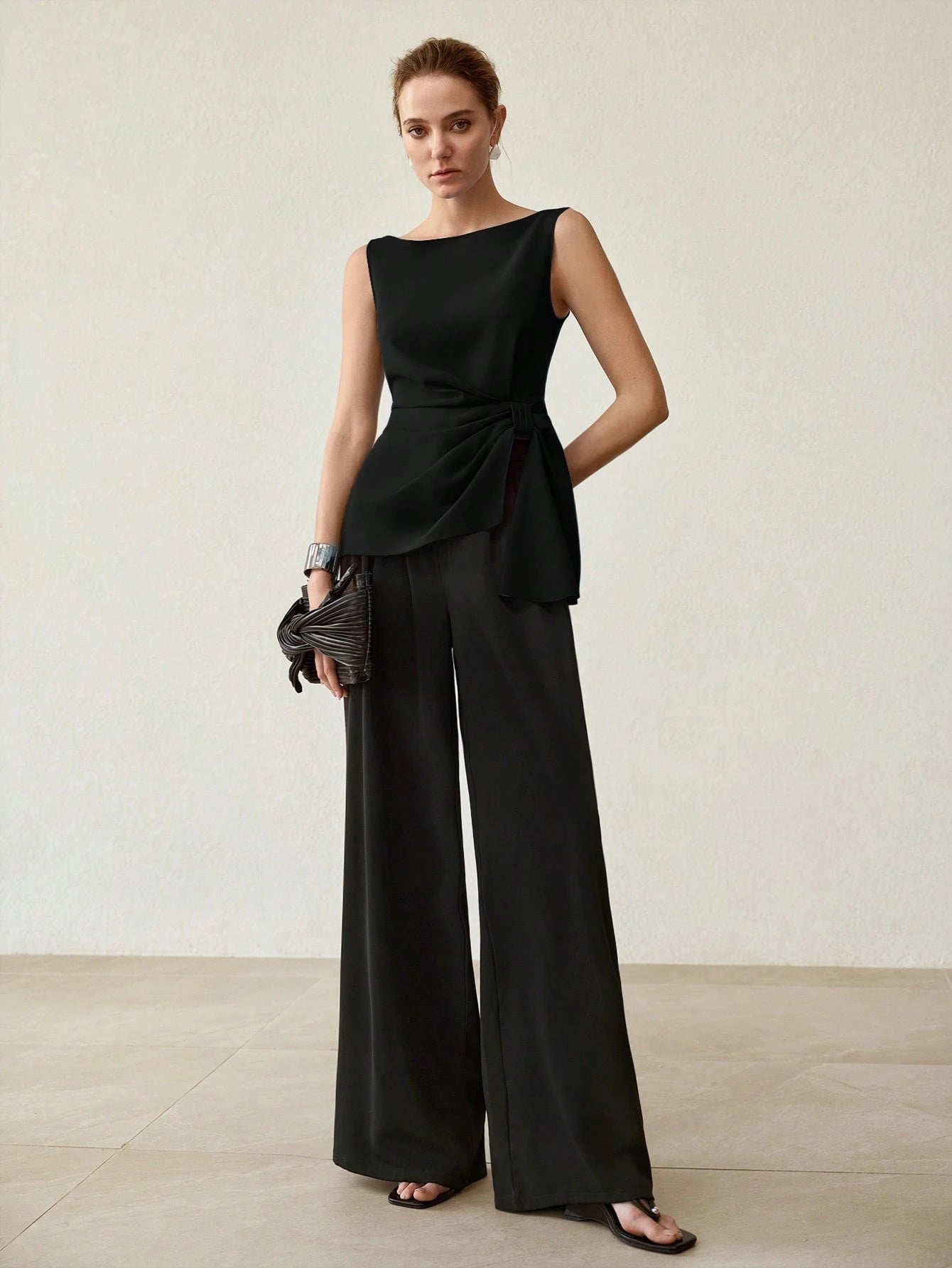 CM-TS013764 Women Elegant Seoul Style Side Knot Boat Neck Sleeveless Blouse - Black