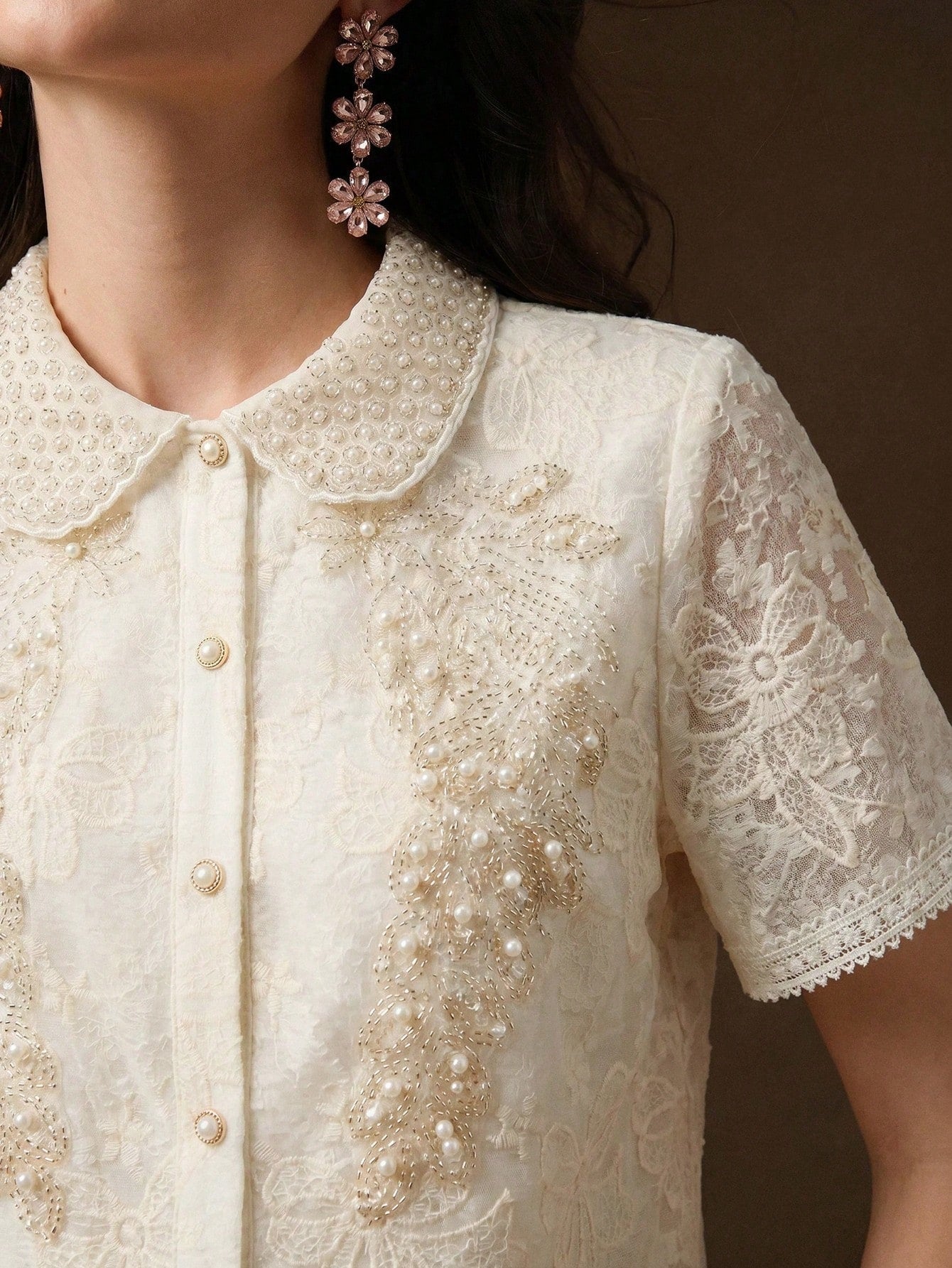 CM-TS281479 Women Elegant Seoul Style Peter Pan Collar Short Sleeve Rhinestone Lace Blouse - Apricot