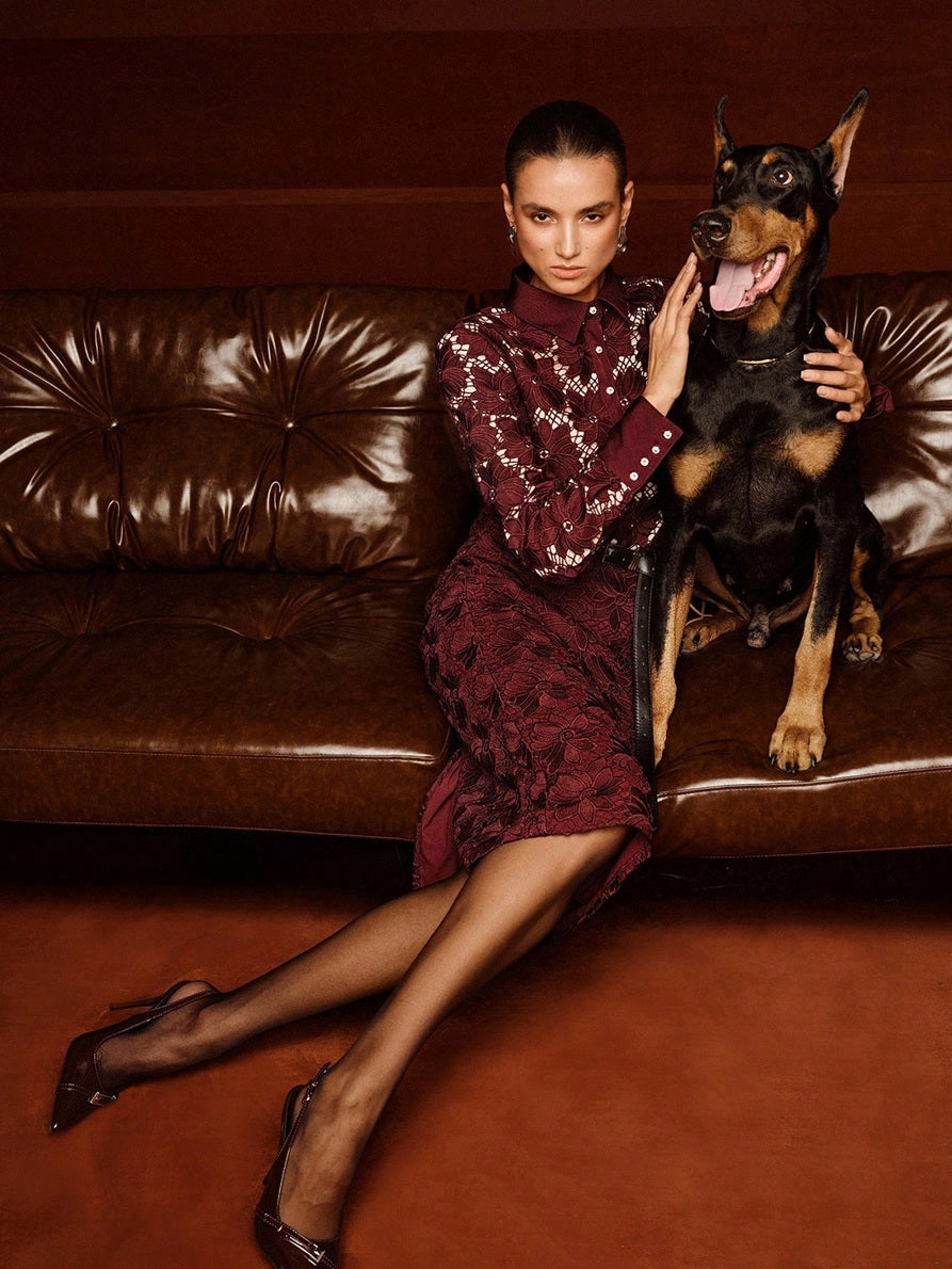 CM-SS832993 Women Elegant Seoul Style Stand Collar Long Sleeve A-Line Lace Patchwork Blouse With Skirt - Set