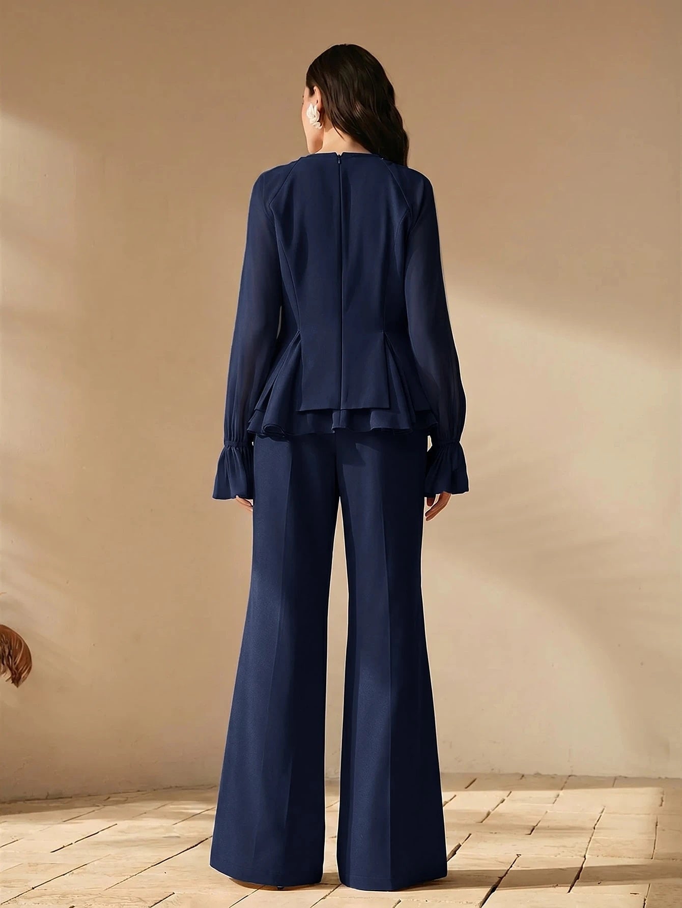CM-SS854731 Women Elegant Seoul Style Round Neck Long Sleeve Chiffon Patchwork Blouse With Flared Leg Pants - Set