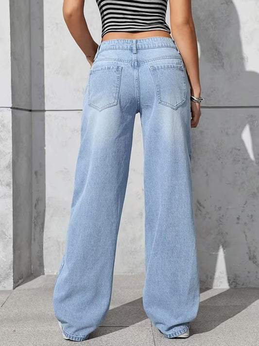 CM-BT000755 Women Casual Seoul Style Mid Waist Embroidered 3D Plush Heart Rhinestone Decor Wide-Leg Jeans