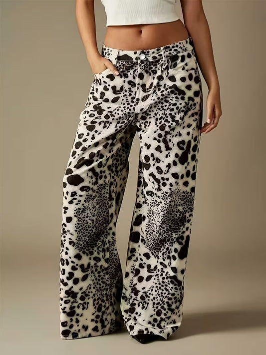 CM-BT730509 Women Casual Seoul Style Mid Waist Printed Design Washed Straight Leg Denim Pants