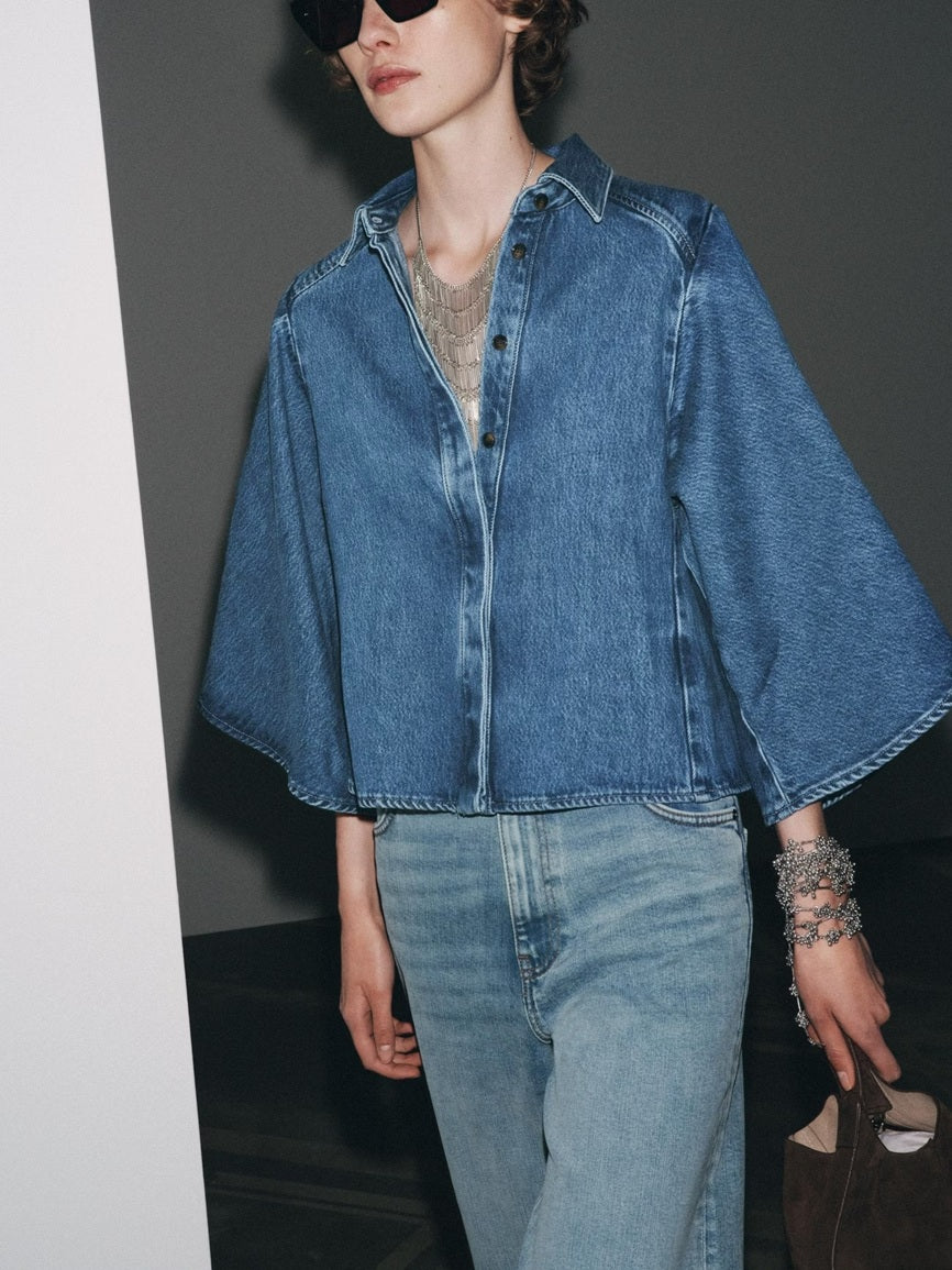 CM-CT274713 Women Elegant Seoul Style Medium Wash V-Neck Long Sleeve Loose Denim Jacket