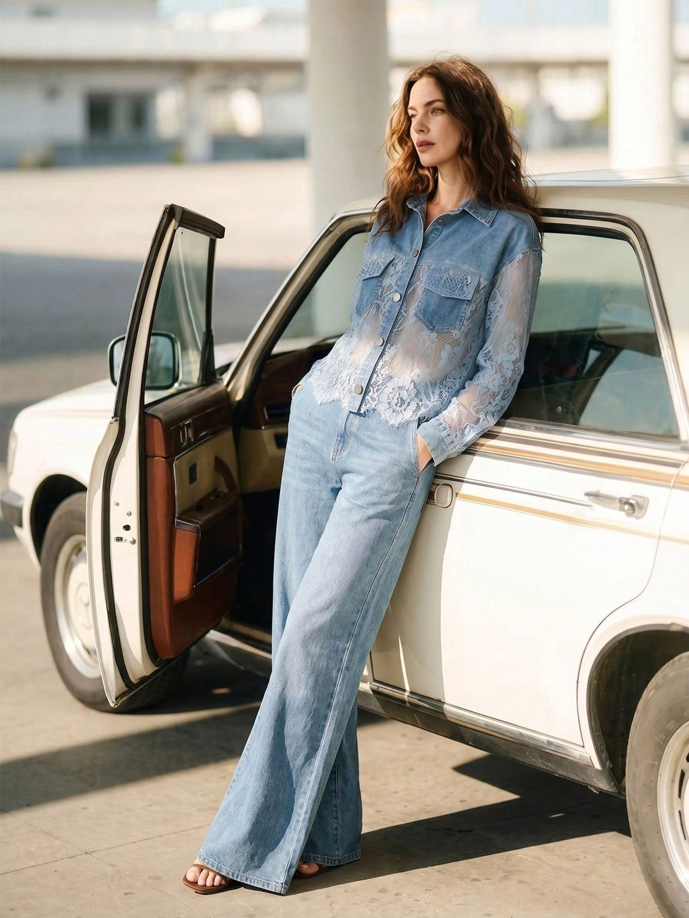 CM-TS847731 Women Elegant Seoul Style Shirt Collar Long Sleeve Lace Patchwork Asymmetrical Denim Short Top - Blue