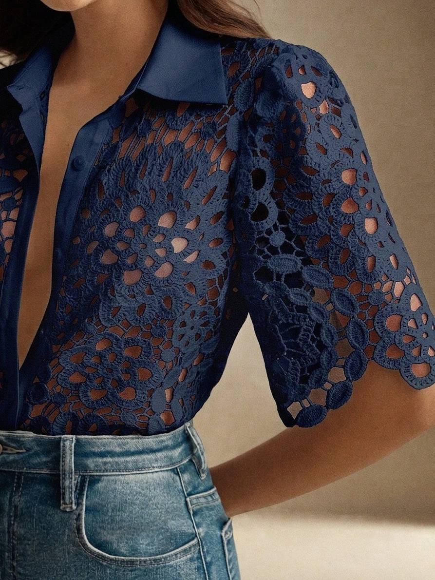 CM-TS672143 Women Casual Seoul Style Collar Neckline Half Sleeve Floral Hollow Out Lace Shirt Blouse - Navy Blue