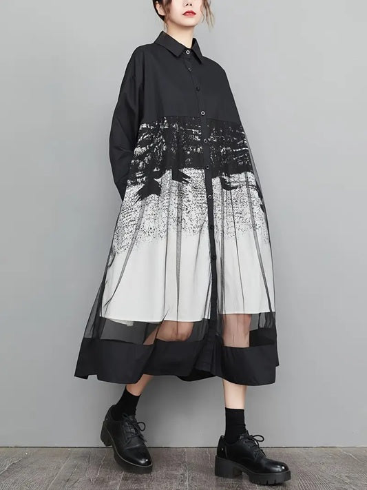 CM-DT134955 Women Elegant Seoul Style Square Neck Long Sleeve A-Line Tulle Mesh Dress