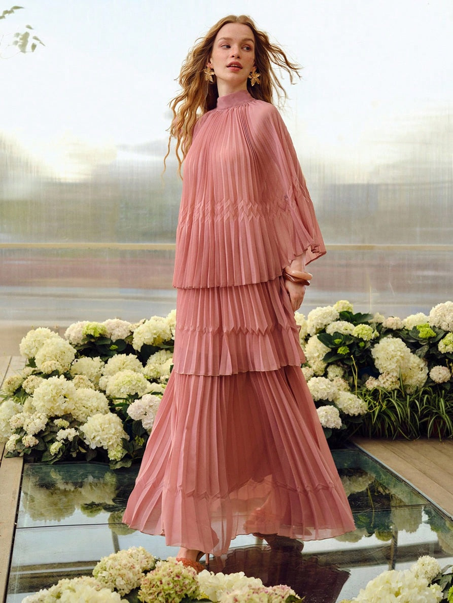 CM-SS994342 Women Elegant Seoul Style Pleated Mock Neck Tie Batwing Sleeve Top With Long Skirt - Set