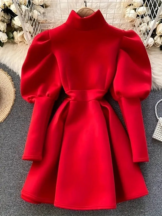 CM-DT523748 Women Elegant Seoul Style Stand-Up Collar Long Sleeve Flared Hem A-Line Short Dress - Red