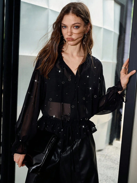 CM-TS731496 Women Elegant Seoul Style Front Tie Embellished Rhinestone Hand Sewn Metal Decor Ruffle Hem Sheer Blouse