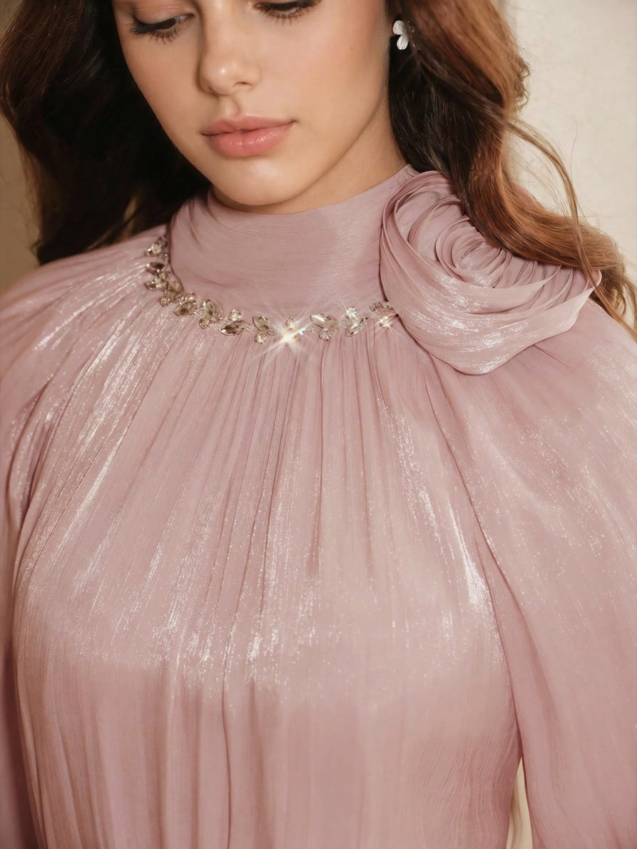 CM-TS939144 Women Elegant Seoul Style Stand Collar Back Tie Bow Rhinestone Decor 3D Floral Embroidery Lantern Sleeve Blouse