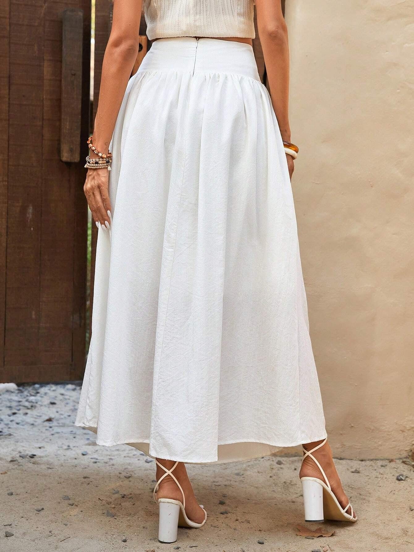 CM-BS930660 Women Casual Seoul Style Solid High Waist A-Line Skirt - White