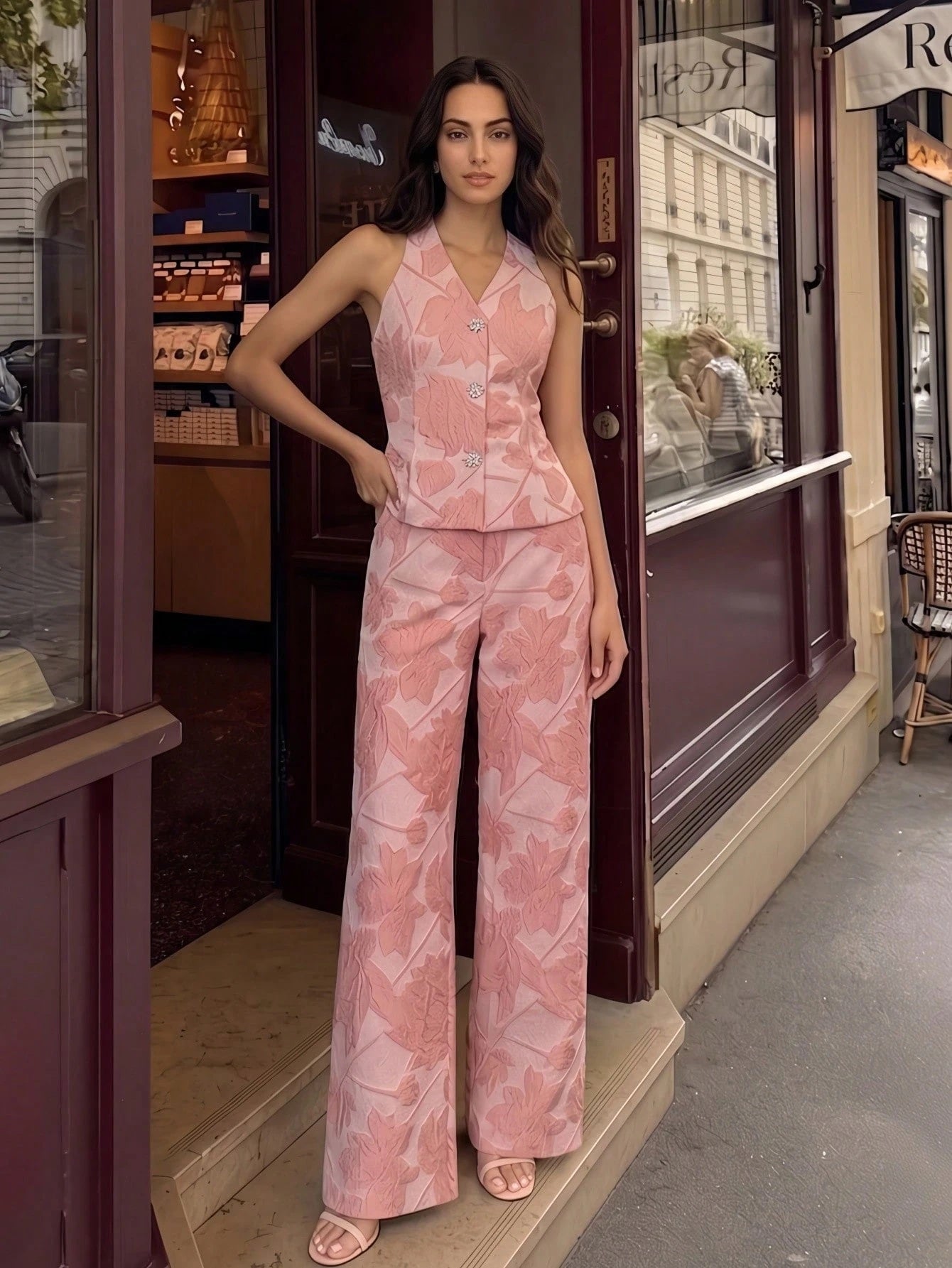 CM-SS161852 Women Elegant Seoul Style Embroidered Sleeveless Vest Jacket With Rhinestone Decor High Waist Drape Pants - Set