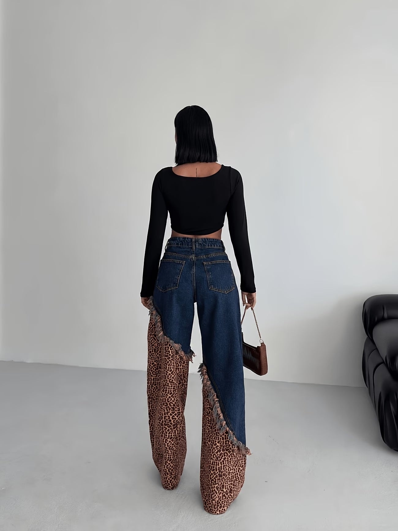 CM-BT012635 Women Casual Seoul Style Asymmetrical Frayed Leopard Patchwork Wide-Leg Denim Long Pants