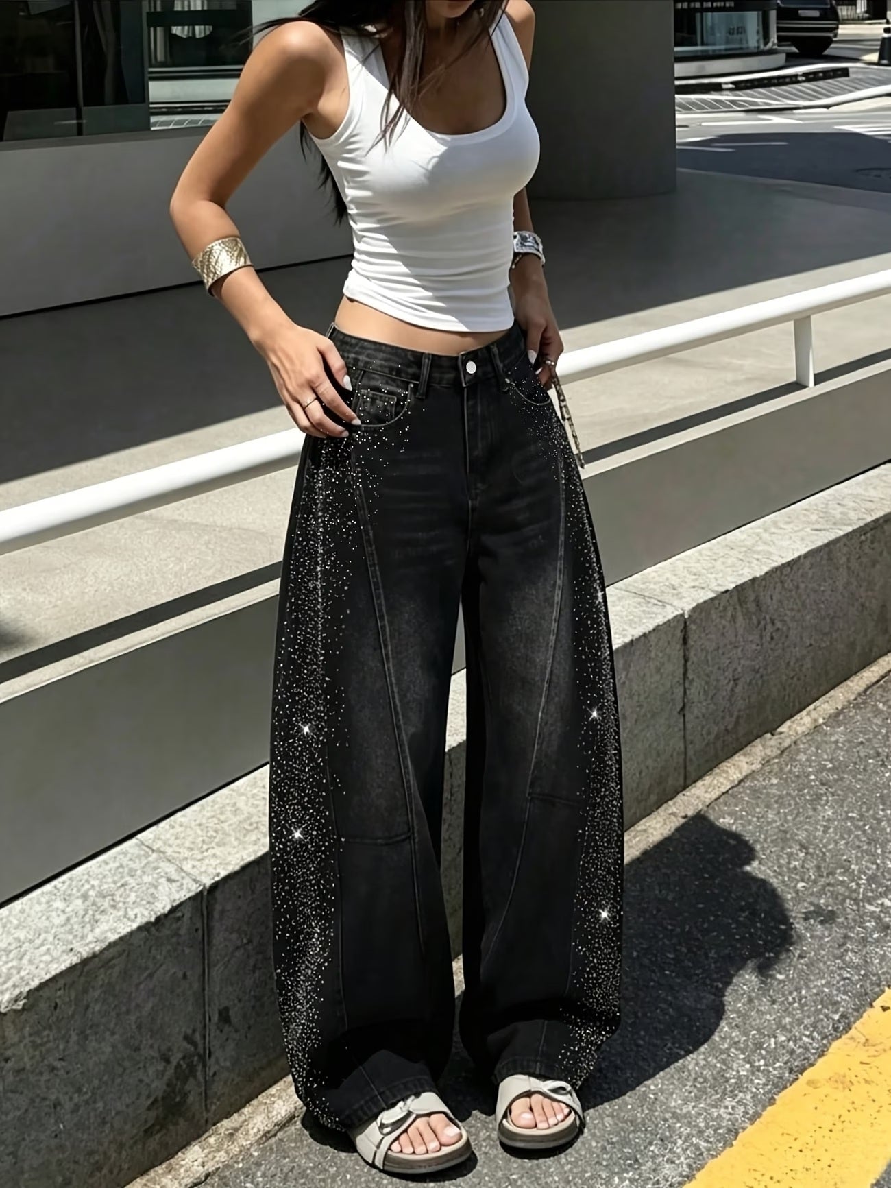 CM-BT085517 Women Casual Seoul Style Mid-Rise Rhinestone Wide-Leg Denim Pants - Black