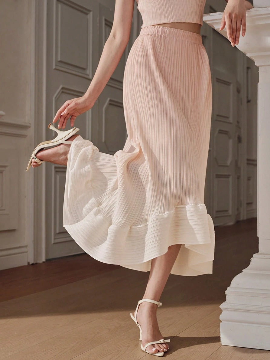 CM-BS525473 Women Elegant Seoul Style Mid Waist Pleated Gradient Color Asymmetrical Skirt - Baby Pink