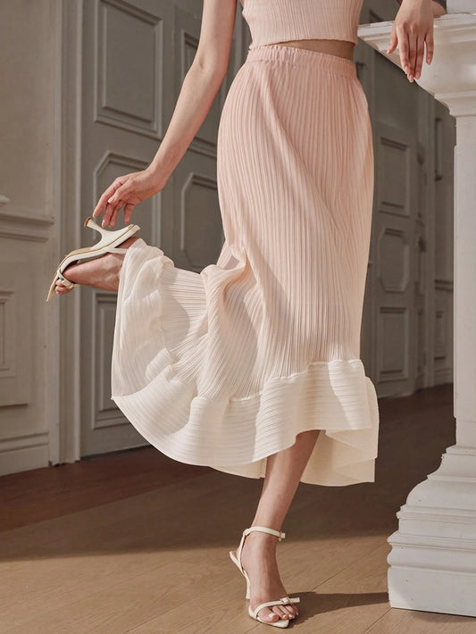 CM-BS525473 Women Elegant Seoul Style Mid Waist Pleated Gradient Color Asymmetrical Skirt - Baby Pink